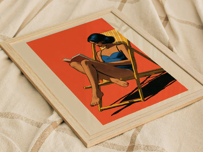 Deck Chair Reader Poster | Yellow Blue Coral Screen Print Art Print | Beach House Wall Art — styled in an interior