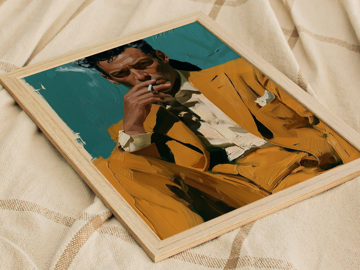 Man Lights Cigarette Poster | Teal and Mustard Oil Painting Art Print | Mid-Century Modern Wall Art — styled in an interior