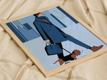 Man Walks Spring Poster | Coral and Pink Illustrative Art Print | Fashion Modern Wall Art — styled in an interior