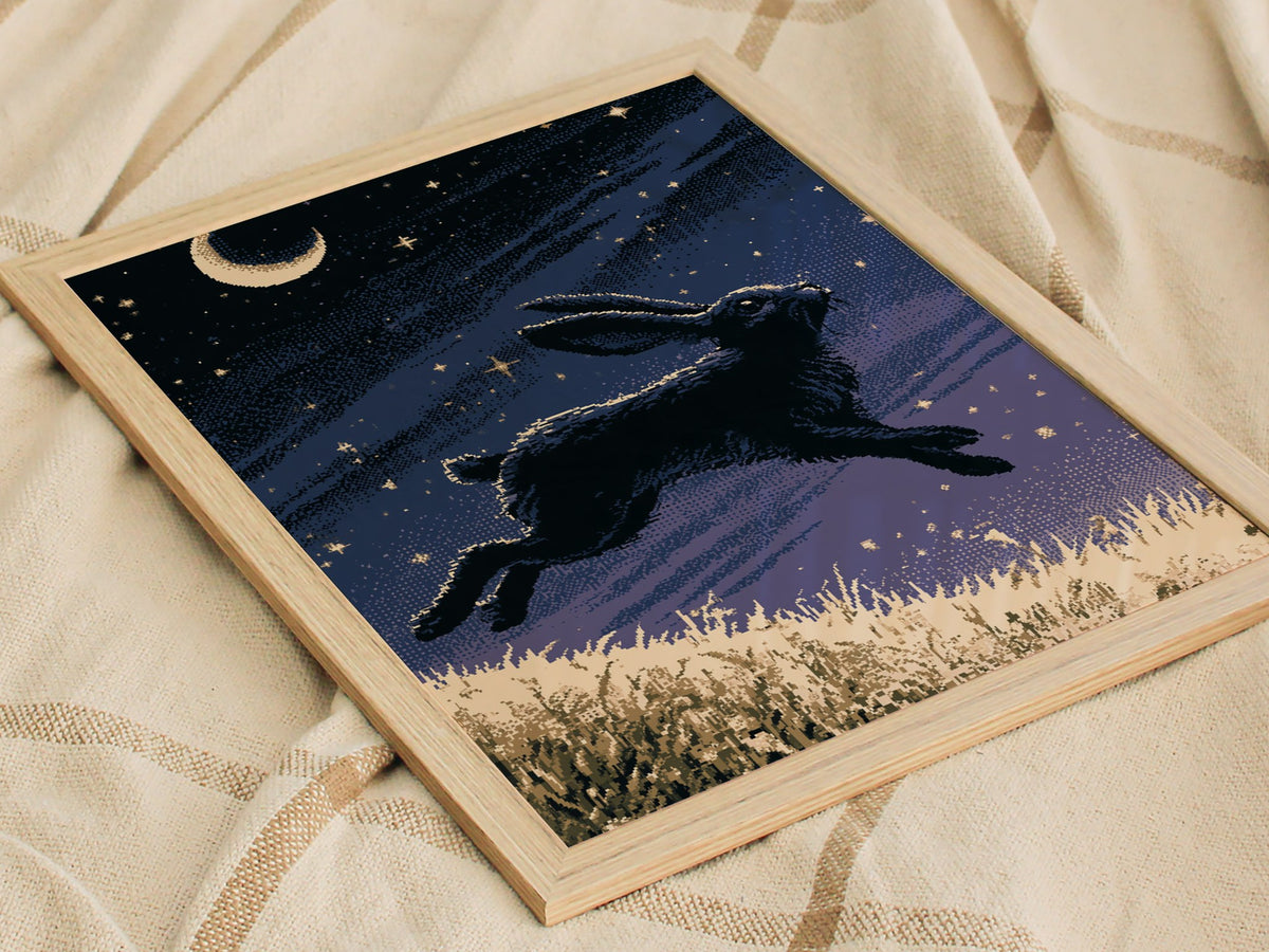 Hare Carries Night Poster | Indigo and Gold Pixel Art Print | Retro Gaming Wall Art — styled in an interior