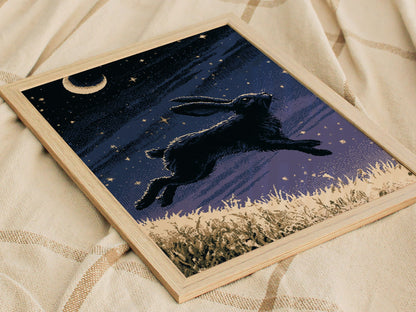 Hare Carries Night Poster | Indigo and Gold Pixel Art Print | Retro Gaming Wall Art — styled in an interior