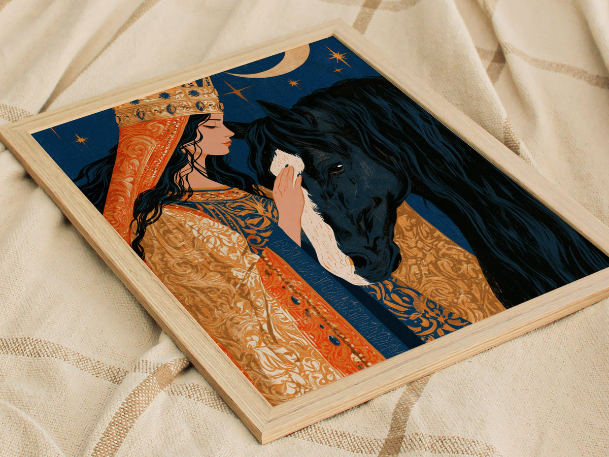 Queen Greets Night Poster | Gold and Midnight Illustrative Art Print | Dark Fantasy Wall Art — styled in an interior