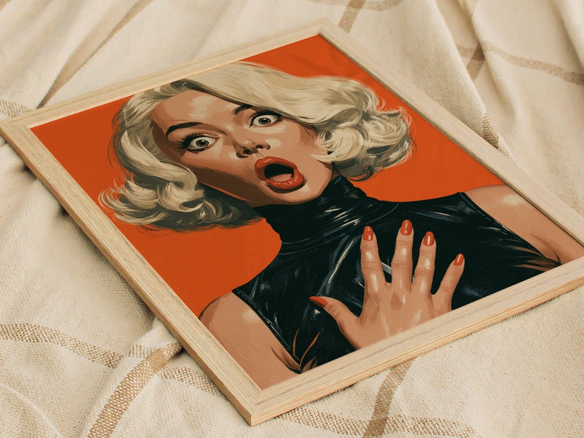 She Just Heard Poster | Orange and Black Illustrative Art Print | Pop Art Wall Art — styled in an interior