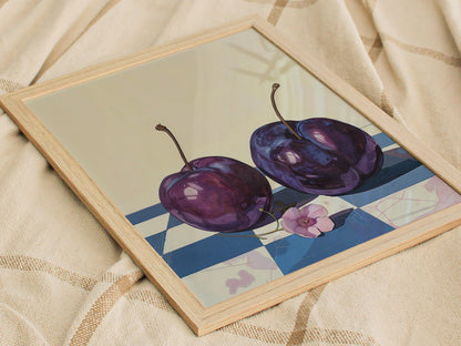 plums-on-checkerboard Poster | Purple and Cream Illustrative Art Print | Kitchen Wall Art — styled in an interior