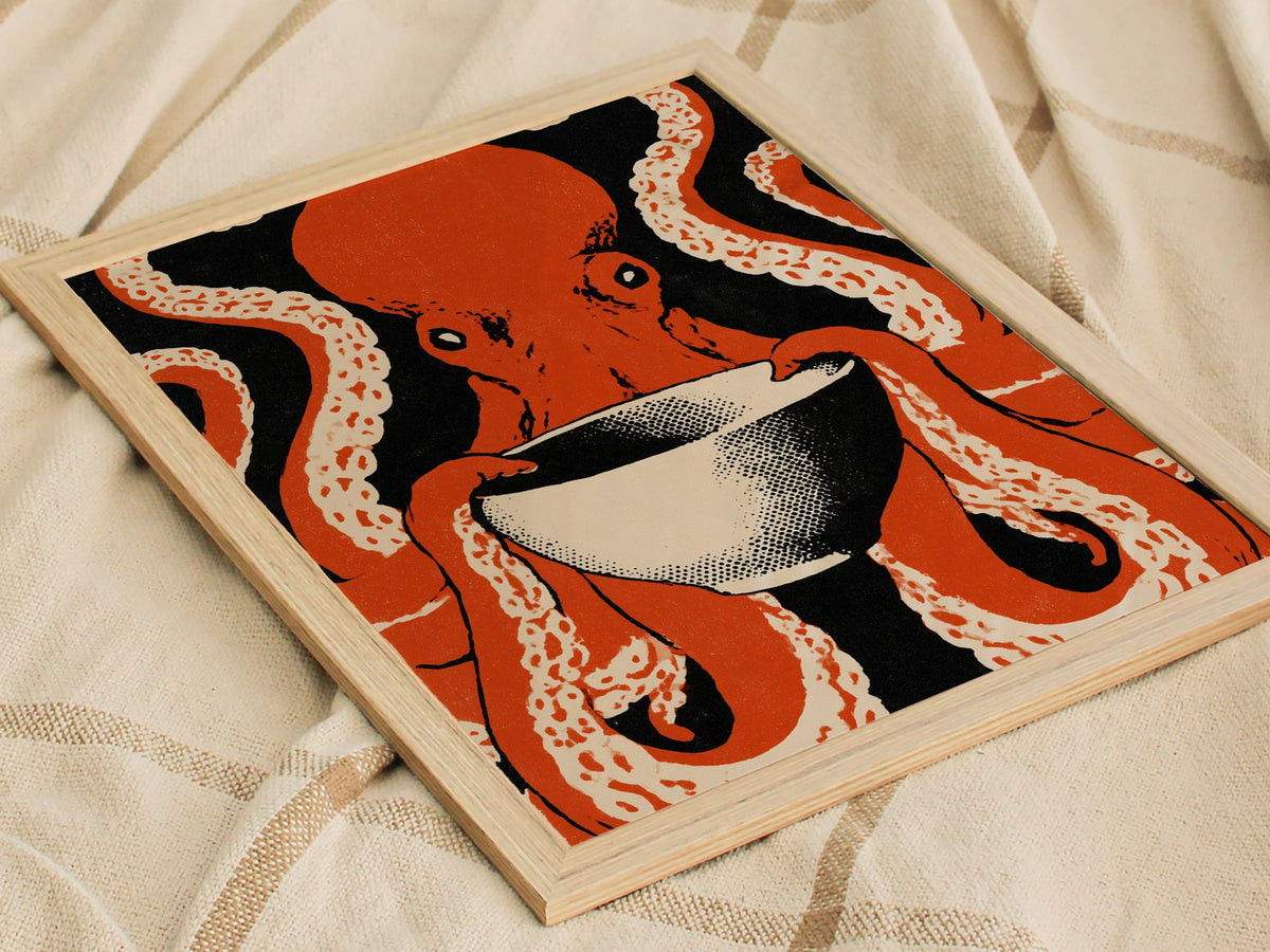 Breakfast Octopus Poster | Cream and Rust Screen Print Art Print | Kitchen Wall Art — styled in an interior