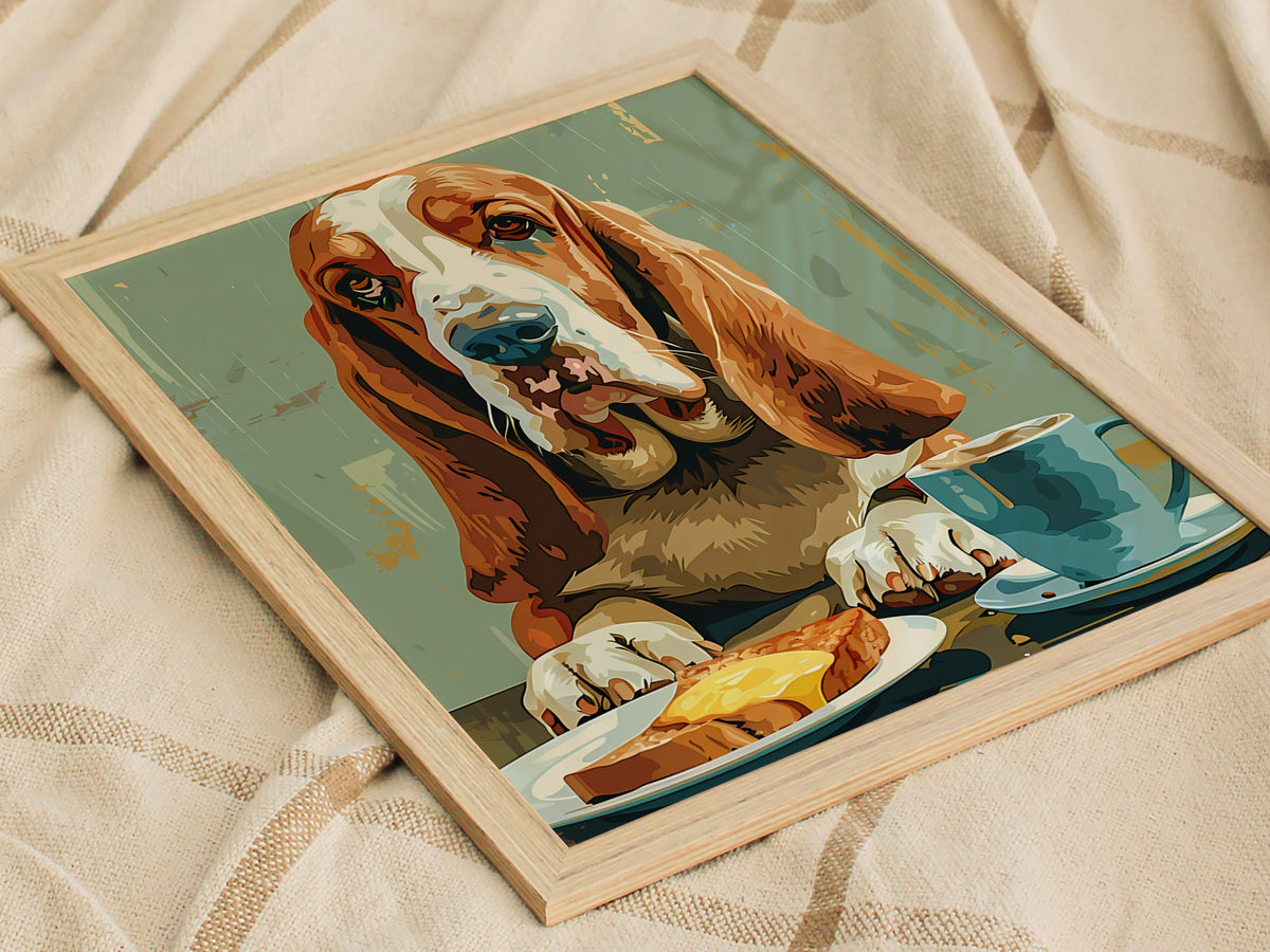 Hound Waits for Toast Poster | Tan and Cobalt Illustrative Art Print | Kitchen Wall Art — styled in an interior