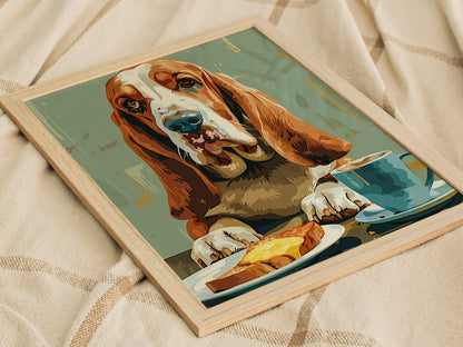 Hound Waits for Toast Poster | Tan and Cobalt Illustrative Art Print | Kitchen Wall Art — styled in an interior