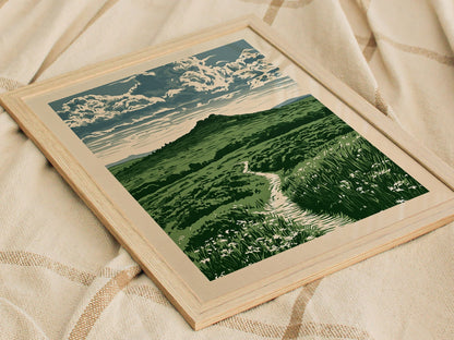 Moorland Cloud Tower Poster | Green and Cream Screen Print Art Print | Nature Lover Wall Art — styled in an interior