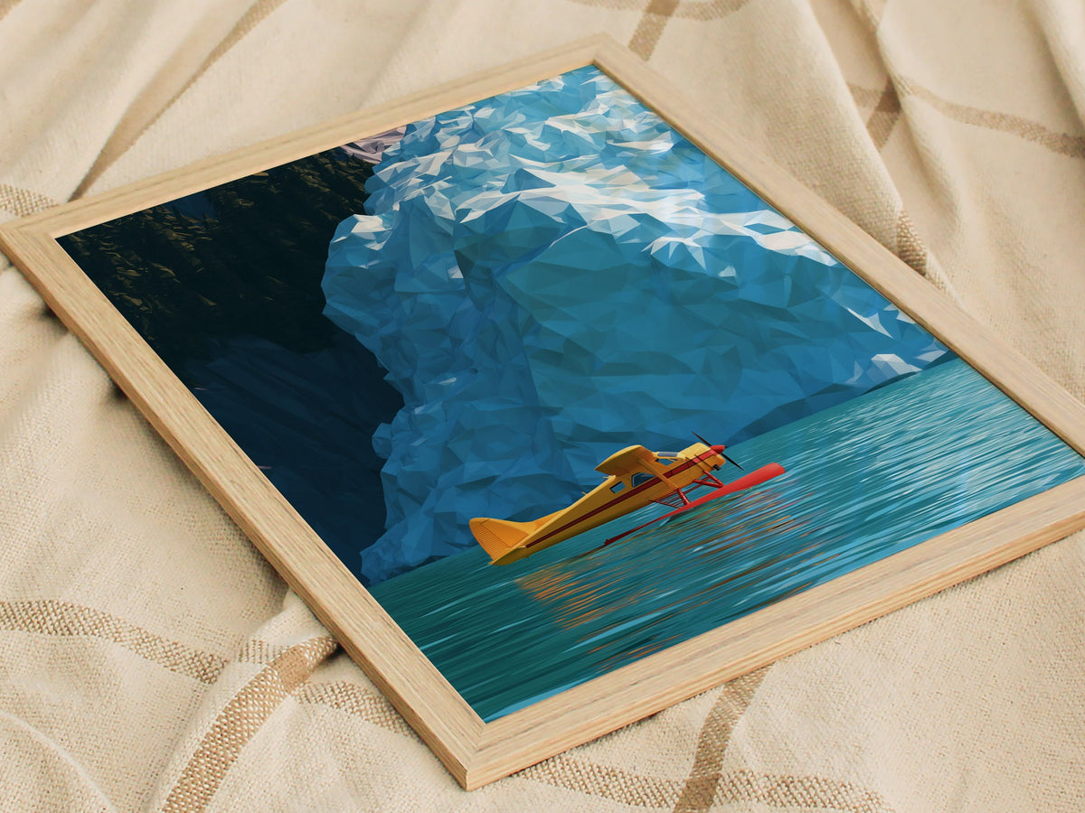 Seaplane Parks Glacier Bay Poster | Yellow and Turquoise Low Poly Art Print | Aviation Wall Art — styled in an interior