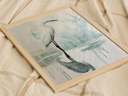 Wading Bird Poster | Sage and Cream Japanese Watercolor Art Print | Minimalist Wall Art — styled in an interior