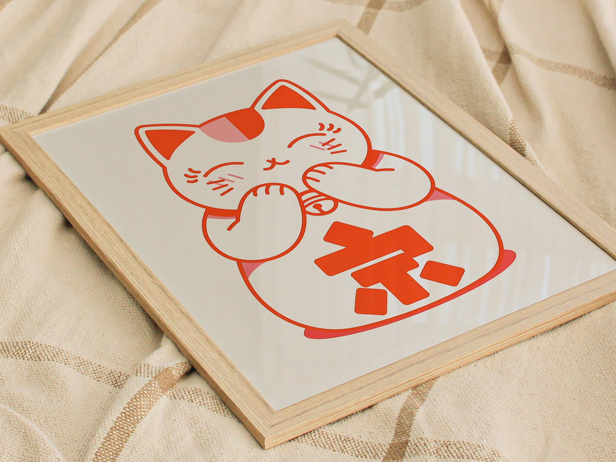 Maneki-neko Cat Poster | Wildlife Art Print — styled in an interior