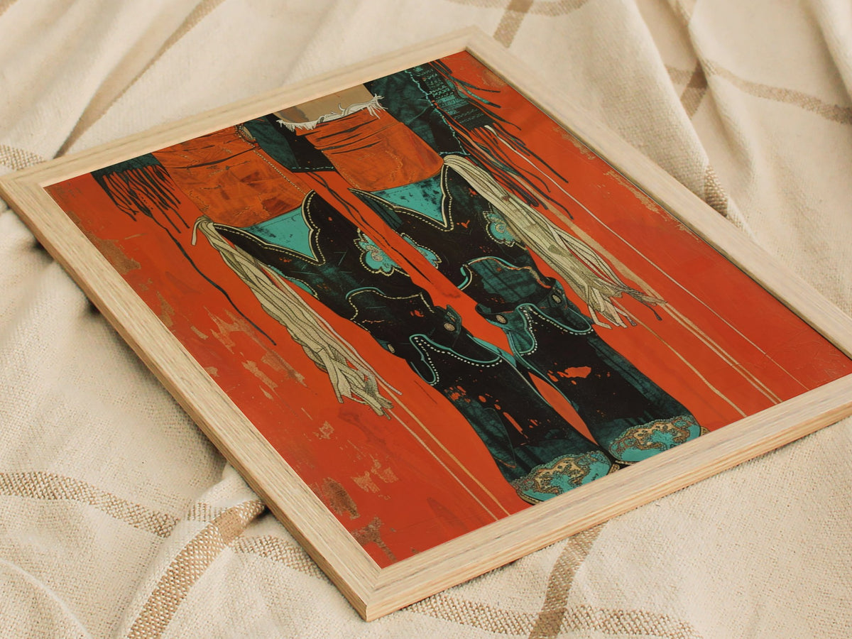 Cowgirl Boots Up Poster | Rust and Turquoise Matisse Style Art Print | Western Wall Art — styled in an interior
