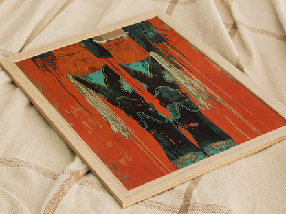 Cowgirl Boots Up Poster | Rust and Turquoise Matisse Style Art Print | Western Wall Art — styled in an interior