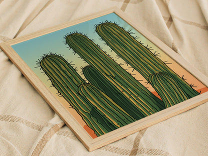 Cactus Garden Poster | Green and Coral Japanese Woodblock Art Print | Southwestern Wall Art — styled in an interior