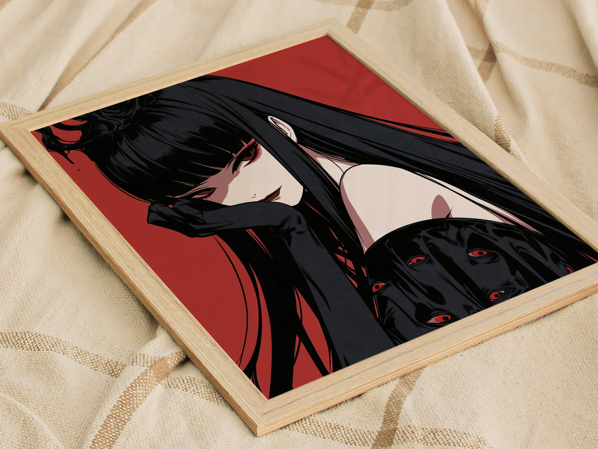 Demon Queen Watches Poster | Red and Black Illustrative Art Print | Dark Fantasy Wall Art — styled in an interior