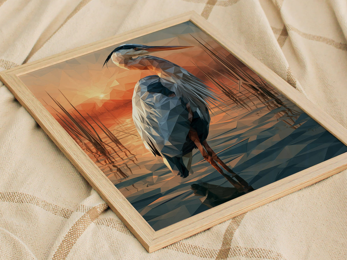 Heron Guards Dusk Poster | Slate and Burnt Low Poly Art Print | Minimalist Wall Art — styled in an interior