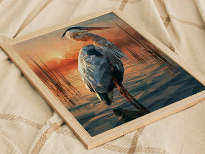Heron Guards Dusk Poster | Slate and Burnt Low Poly Art Print | Minimalist Wall Art — styled in an interior