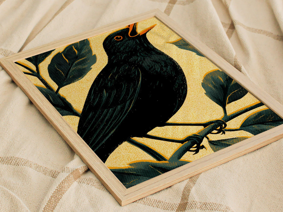 Blackbird in Gold Poster | Gold and Black Screen Print Art Print | British Garden Wall Art — styled in an interior