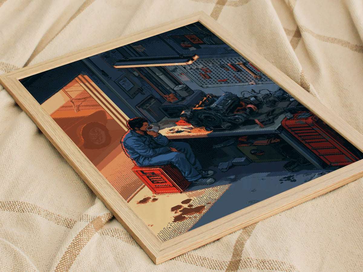Mechanic Drinks Coffee Poster | Blue and Orange Pixel Art Print | Workshop Wall Art — styled in an interior