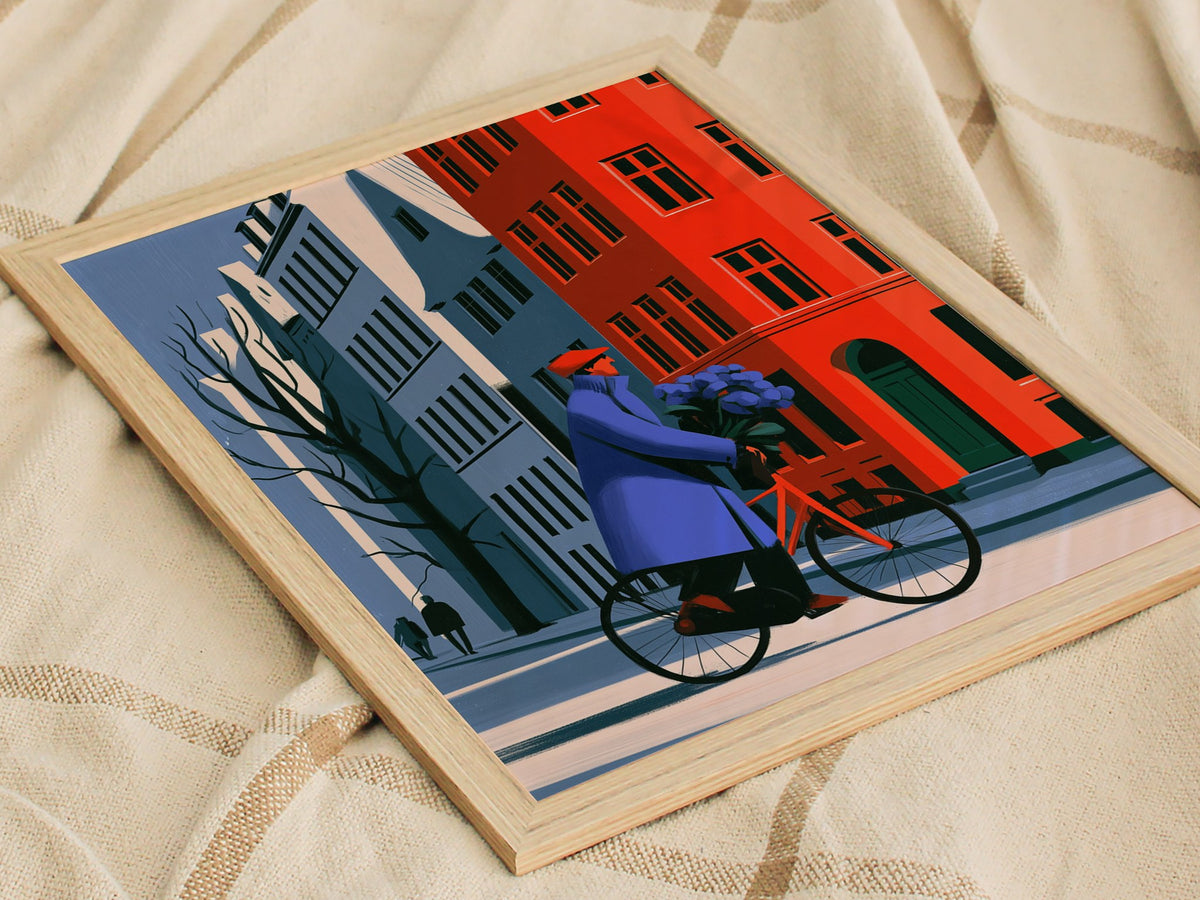 Cyclist Carries Hydrangeas Poster | Cobalt and Yellow Illustrative Art Print | Modernist Wall Art — styled in an interior