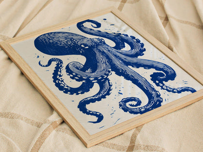 Octopus Unfurls Poster | Cobalt Blue Screen Print Art Print | Coastal Wall Art — styled in an interior