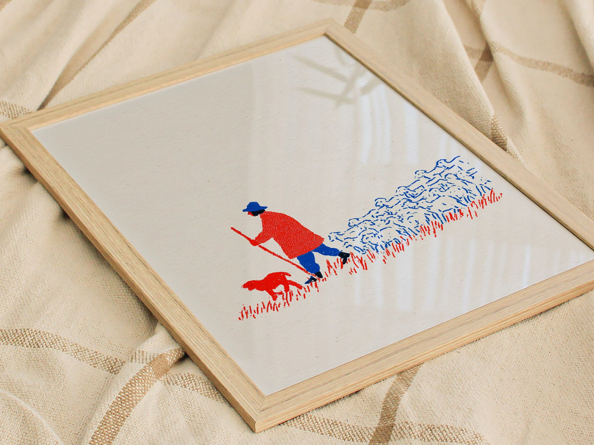 Shepherd Leads Home Poster | Red and Blue Screen Print Art Print | Nursery Wall Art — styled in an interior