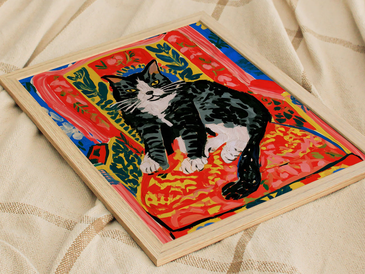 Cat Claims Chair Poster | Cobalt and Red Matisse Style Art Print | Cat Lover Wall Art — styled in an interior