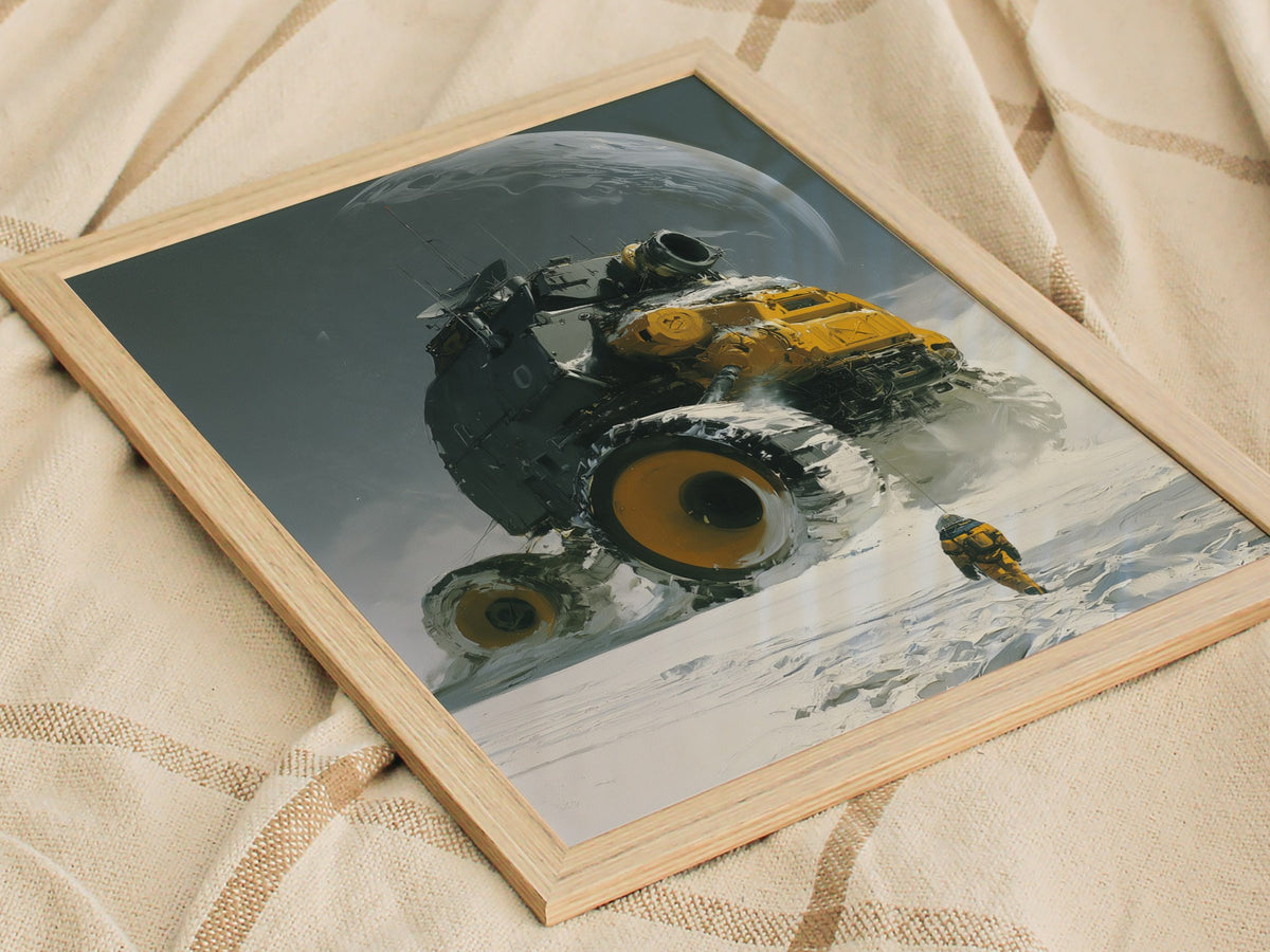 Rover Dwarfs Explorer Poster | Gray and Yellow Oil Painting Art Print | Sci-Fi Wall Art — styled in an interior