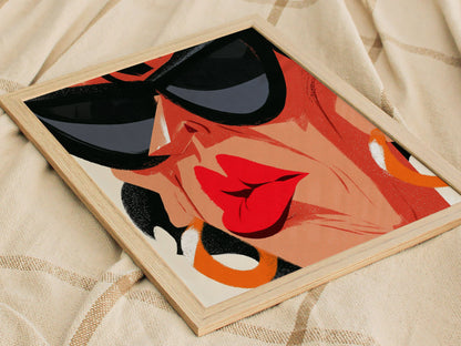 Diva Hides Eyes Poster | Coral and Black Illustrative Art Print | Pop Art Wall Art — styled in an interior