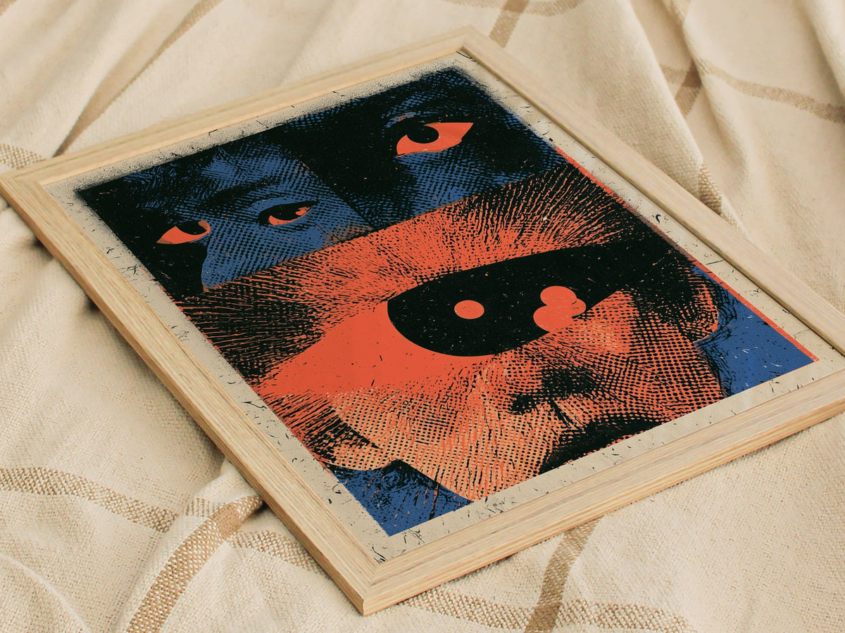 Two Faces Watching Poster | Coral and Teal Screen Print Art Print | Alternative Wall Art — styled in an interior