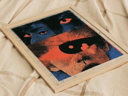 Two Faces Watching Poster | Coral and Teal Screen Print Art Print | Alternative Wall Art — styled in an interior