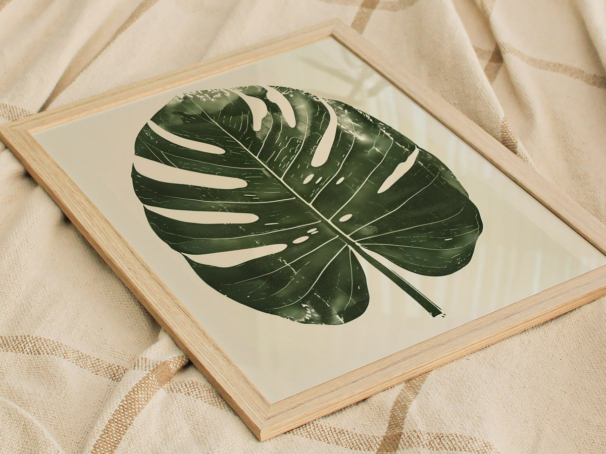 Monstera Leaf Grid Poster | Forest Green Screen Print Art Print | Botanical Wall Art — styled in an interior