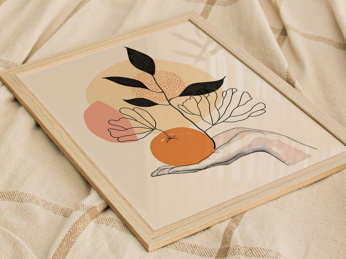 Hand Holds Peach Poster | Peach and Coral Minimalism Art Print | Minimalist Kitchen Wall Art — styled in an interior