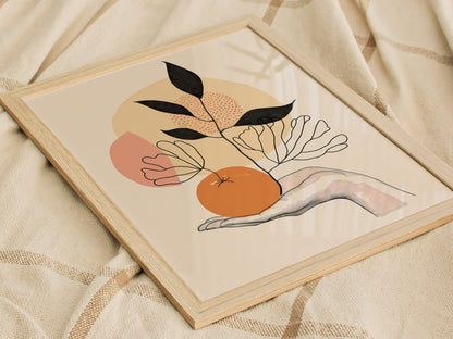 Hand Holds Peach Poster | Peach and Coral Minimalism Art Print | Minimalist Kitchen Wall Art — styled in an interior