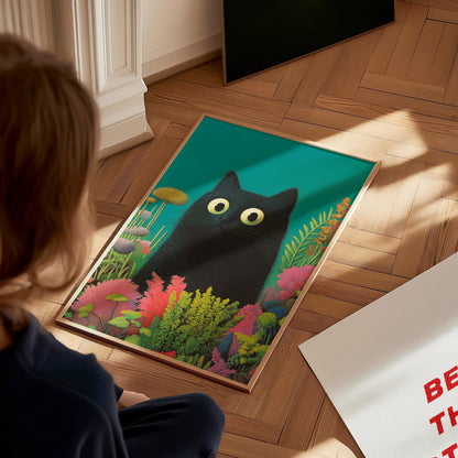 Black Cat in Garden Poster | Animals Art Print — styled in an interior
