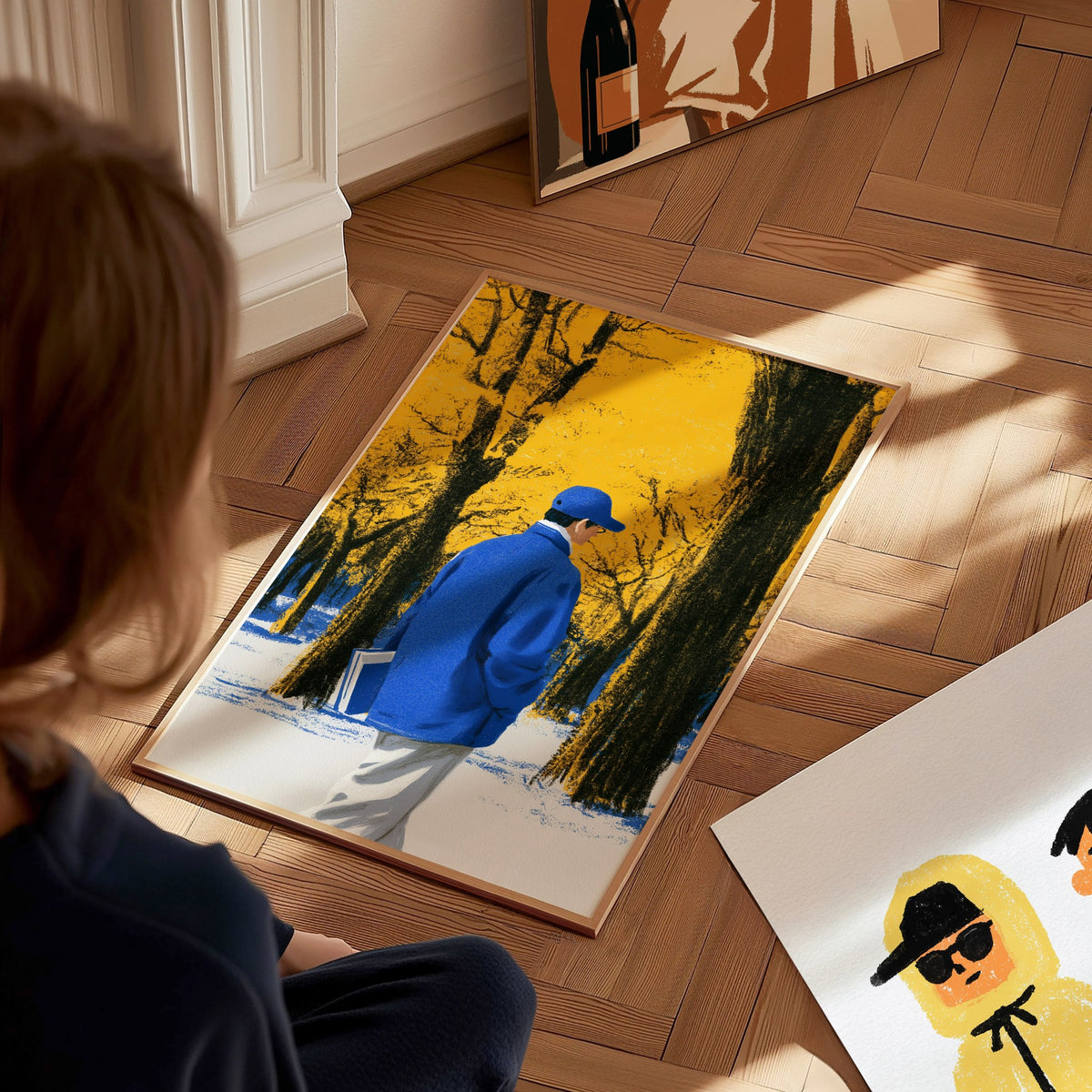 Reader Walks Blue Poster | Cobalt and Green Illustrative Art Print | Book Lovers Wall Art — styled in an interior