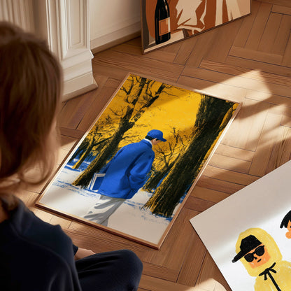 Reader Walks Blue Poster | Cobalt and Green Illustrative Art Print | Book Lovers Wall Art — styled in an interior