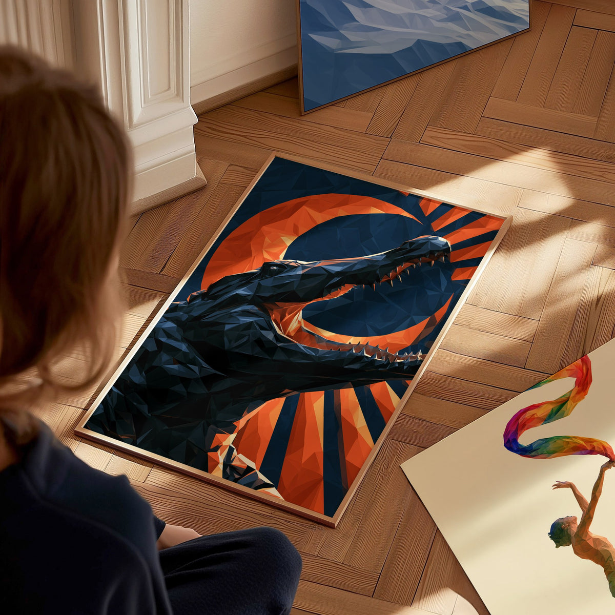 Gator Owns Crescent Poster | Orange and Navy Low Poly Art Print | Dark Fantasy Wall Art — styled in an interior