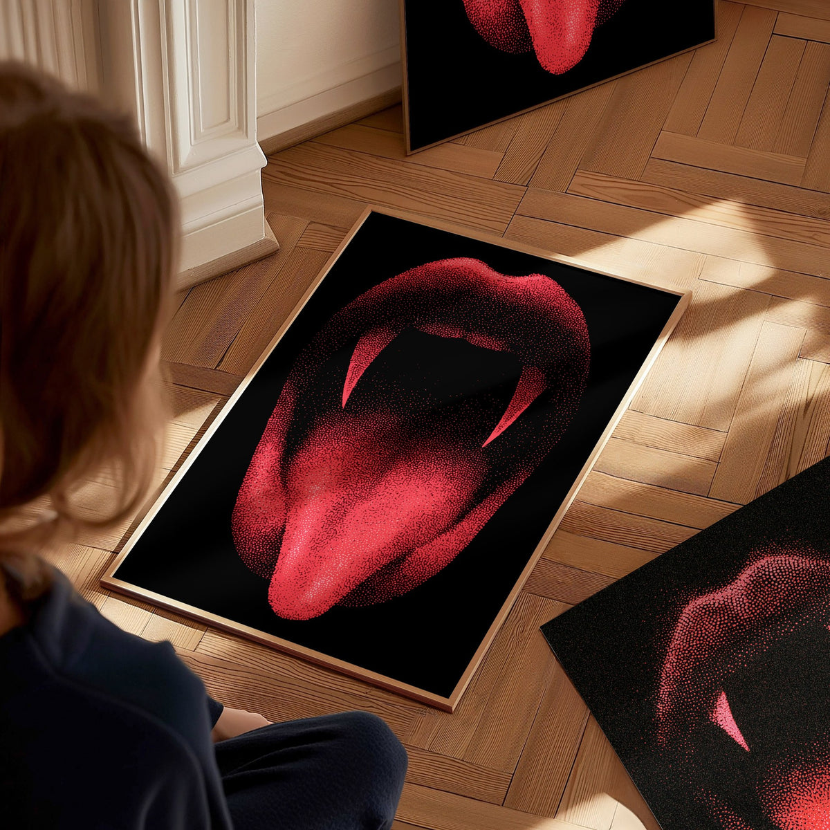 Vampire Smile Poster | Pen and Ink Art Print — styled in an interior