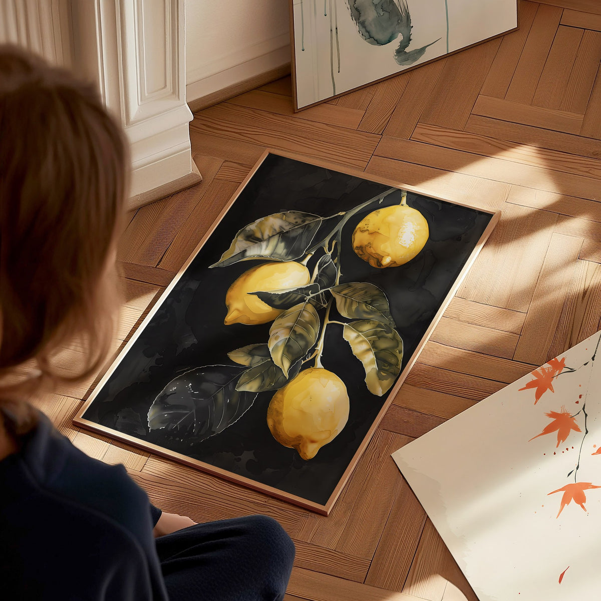 Three Lemons on Black Poster | Yellow and Black Japanese Watercolor Art Print | Kitchen Wall Art — styled in an interior
