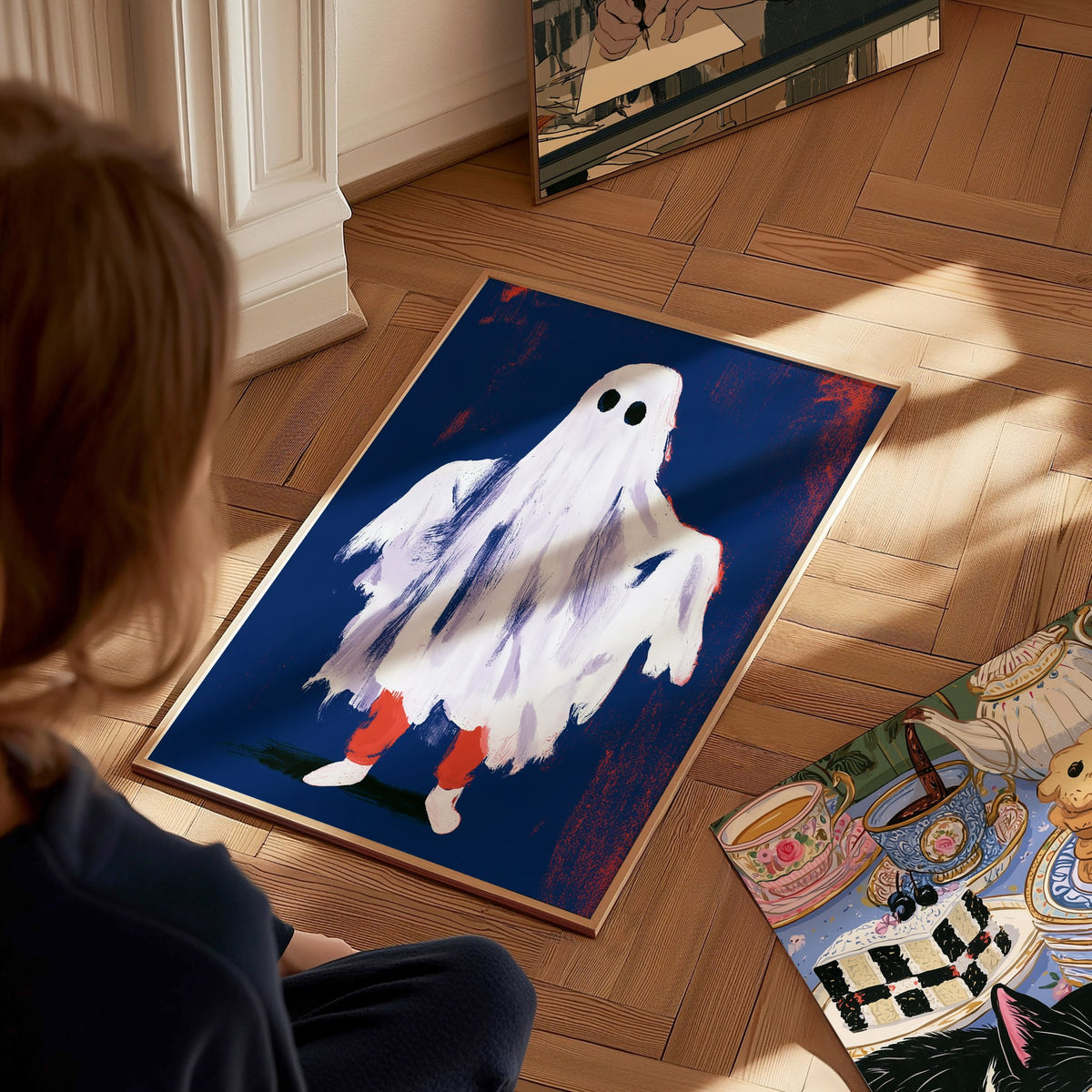 Ghost Stands Still Poster | Navy and Coral Illustrative Art Print | Kids Room Wall Art — styled in an interior