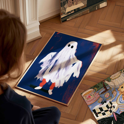 Ghost Stands Still Poster | Navy and Coral Illustrative Art Print | Kids Room Wall Art — styled in an interior