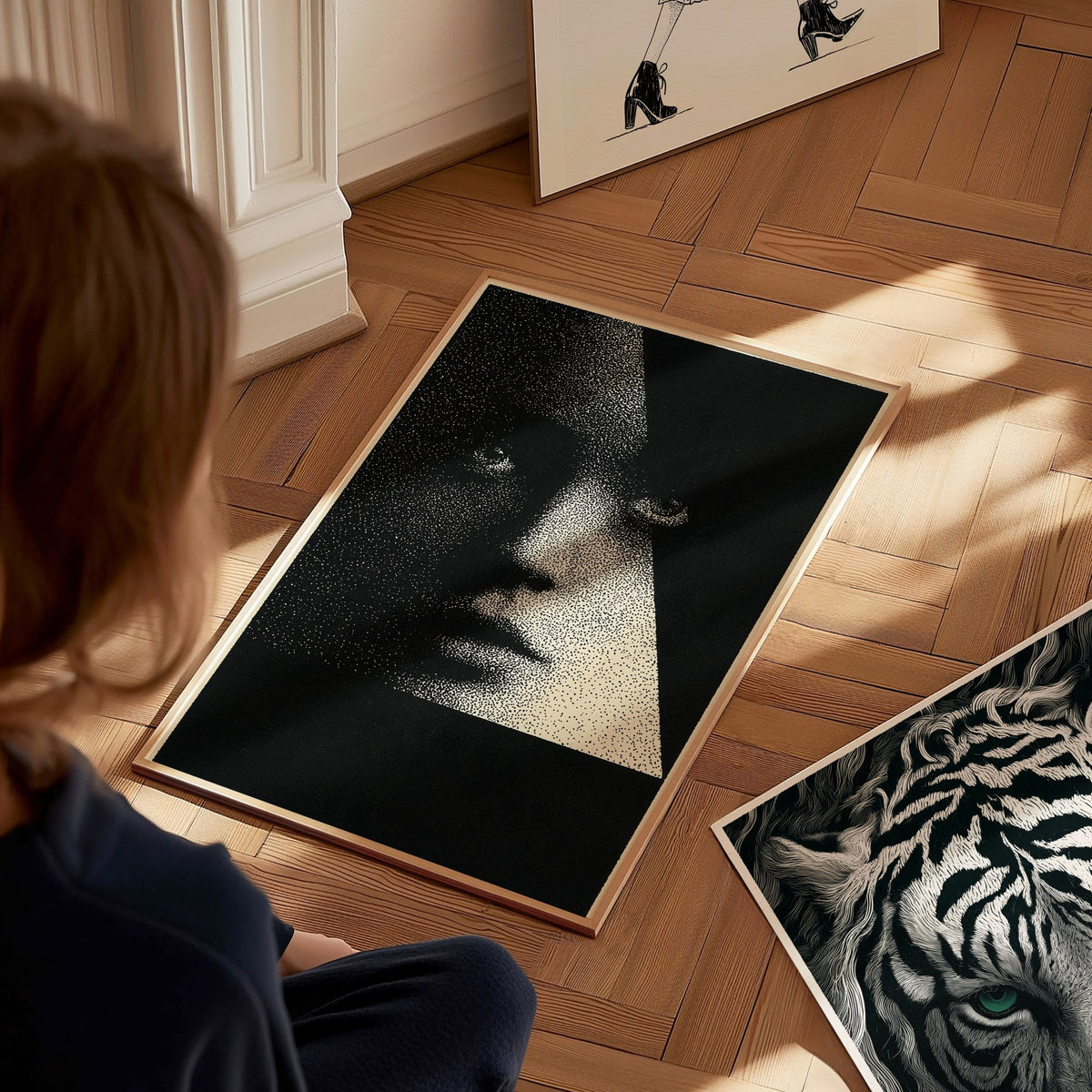 Face Emerging Light Poster | Black and Cream Pen and Ink Art Print | Dark Academia Wall Art — styled in an interior