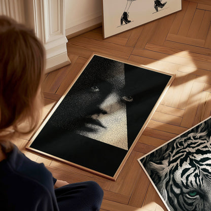 Face Emerging Light Poster | Black and Cream Pen and Ink Art Print | Dark Academia Wall Art — styled in an interior