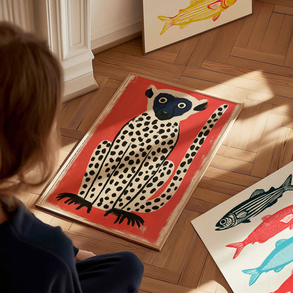 spotted-lemur Poster | Black and Ochre Screen Print Art Print | Kids Room Wall Art — styled in an interior