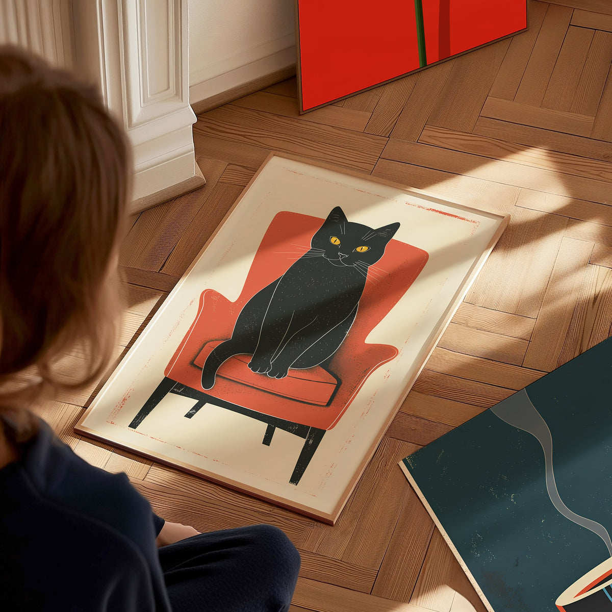 Black Cat in Red Chair Poster | Coral and Black Flat Design Art Print | Cat Lover Wall Art — styled in an interior