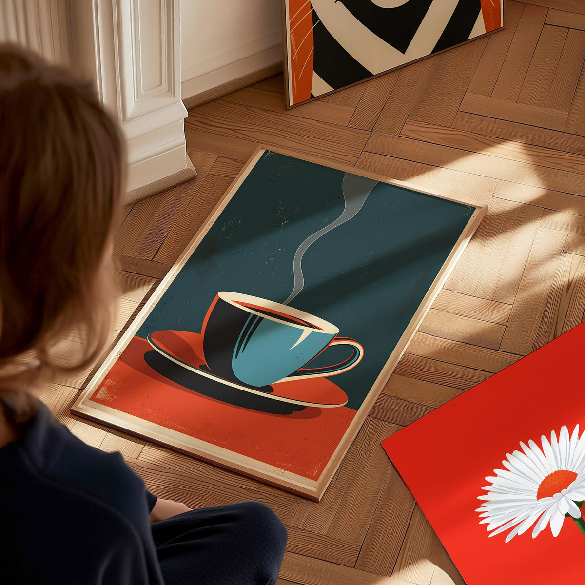 Cup and Saucer Poster | Cobalt and Coral Flat Design Art Print | Kitchen Wall Art — styled in an interior