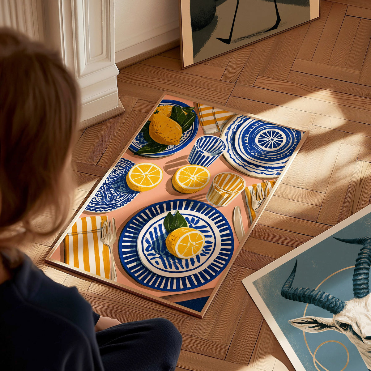 Lemon Table Poster | Cobalt and Ochre Illustrative Art Print | Kitchen Wall Art — styled in an interior