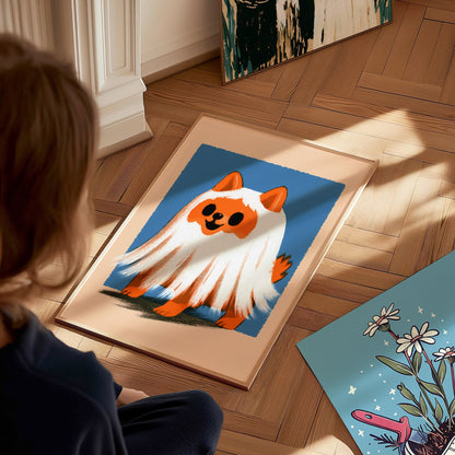 Ghost Dog Poster | Orange and Cobalt Illustrative Art Print | Kids Room Wall Art — styled in an interior