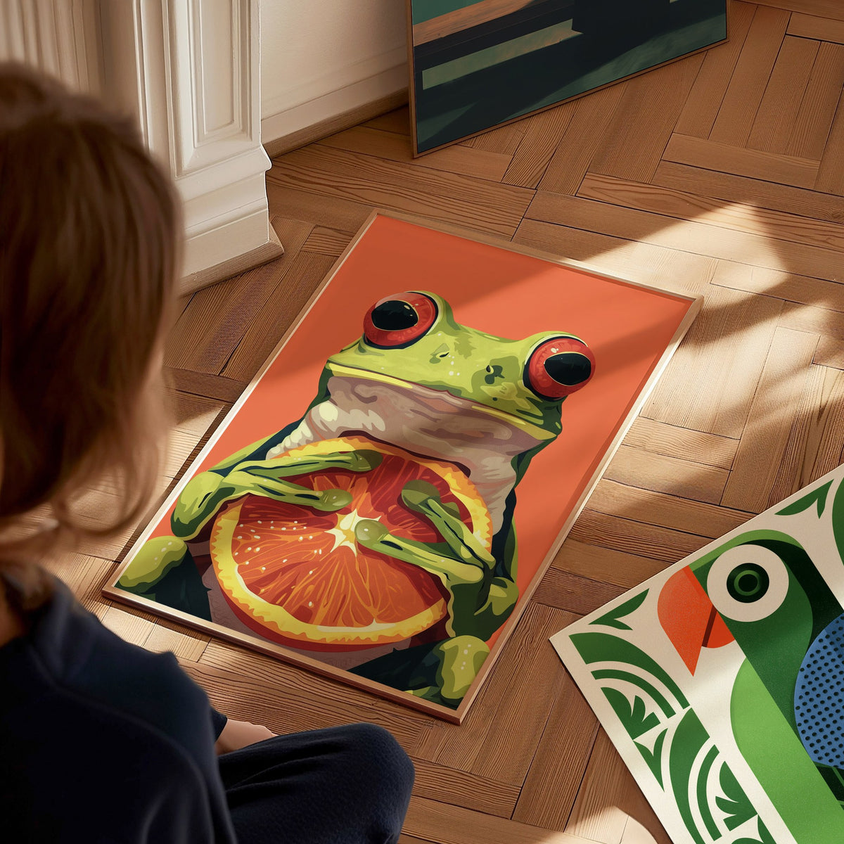 Frog with Orange Poster | Red and Green Flat Design Art Print | Kids Room Wall Art — styled in an interior